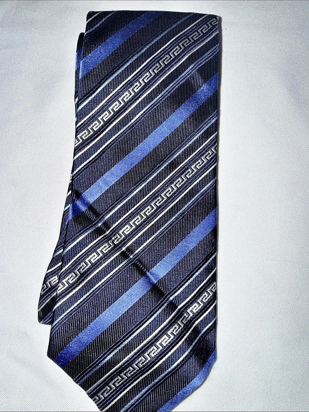 Vintage Versace Geometric Silk Tie in Blue & Black